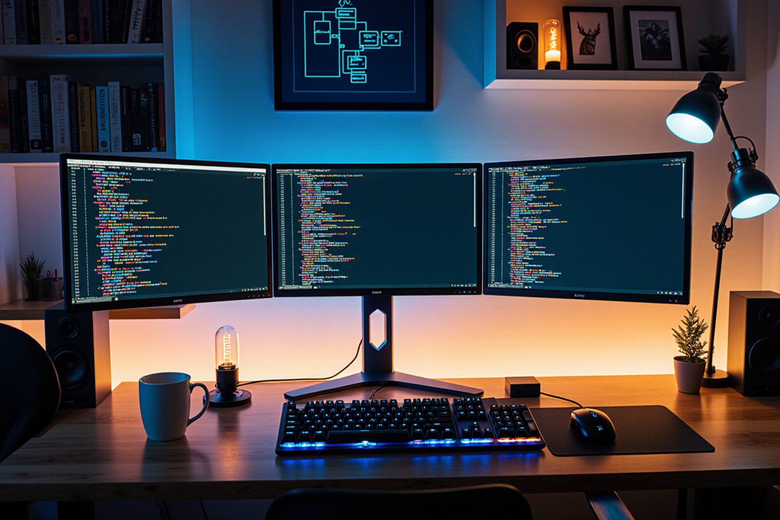 Cinematic moody developer workspace with cyan-glow monitors displaying code